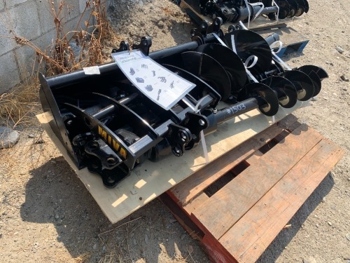 UNUSED MINI EXCAVATOR ATTACHMENT SET, w/30" gp bucket, 8" gp bucket, rake attachment, ripper attachment, auger w/8" auger bit, 12" auger bit, q/c, grabber attachment. --(LOCATED IN COLTON, CA)--