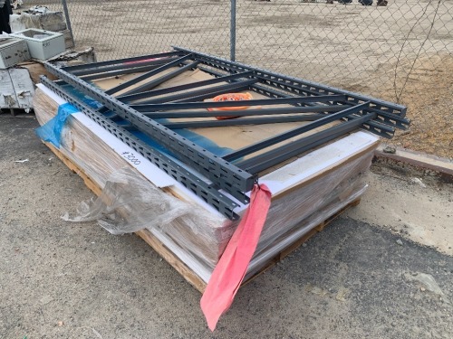 PALLET OF 1/4" & 1/2" BLANK SIGN BOARD, PALLET RACKING, POP UP TRAFFIC CONE, SNEEZE GUARD. --(LOCATED IN COLTON, CA)--