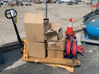 PALLET OF PALLET JACK, TRAFFIC CONES, HOSE REEL, CONSTRUCTION LIGHTS, MISC. MAINTENANCE PARTS, SIGNAL BOX. --(LOCATED IN COLTON, CA)--