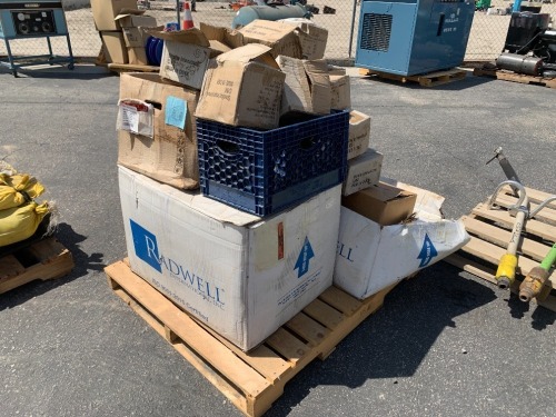 PALLET OF APPROX. (50) STEELITE MELAMINE RISERS, APPROX. (36) ARGO SPACE HYTOS AIR FILTERS, ABB ELECTRIC MOTOR, CRATE OF ASST. CART WHEELS. --(LOCATED IN COLTON, CA)--