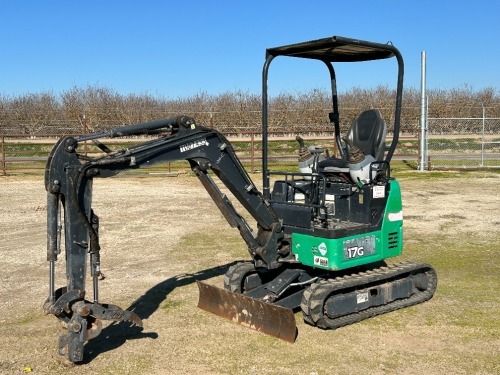 2017 JOHN DEERE 17G MINI HYDRAULIC EXCAVATOR, gp bucket, aux hydraulics, backfill blade, canopy, 1,295 hours indicated. s/n:1FF017GXVHK226758