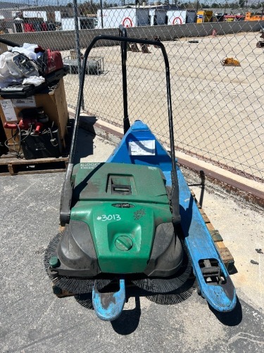BISSELL BG677 WALK BEHIND SWEEPER, ULINE H-3763 PALLET JACK, 4,400#. --(LOCATED IN COLTON, CA)--