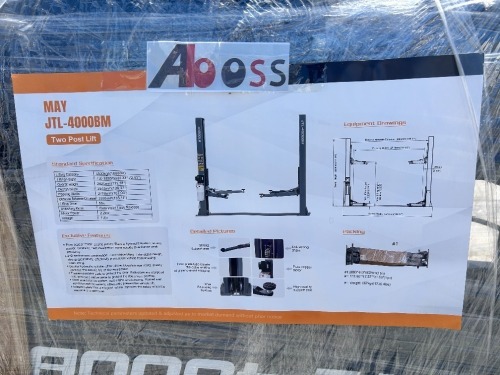 MAY JTL-4000BM TWO POST LIFT, 10,000#. s/n:2026033101019 --(LOCATED IN COLTON, CA)--