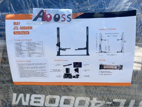 MAY JTL-4000BM TWO POST LIFT, 10,000#. s/n:2026022802613 --(LOCATED IN COLTON, CA)--