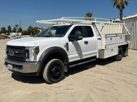 2018 FORD F450 EXTENDED CAB UTILITY TRUCK, 6.8L gasoline, automatic, 12' utility bed, 1' stake sides, pipe rack, 12,880# rear, tow package. s/n:1FD0X4GY4JEB43046