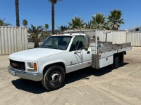 2000 GMC SIERRA 3500 FLATBED TRUCK, 7.4L gasoline, automatic, a/c, 12' bed, 12" stake sides, product tank w/pump, tow package. s/n:1GDJC34J3YF415317