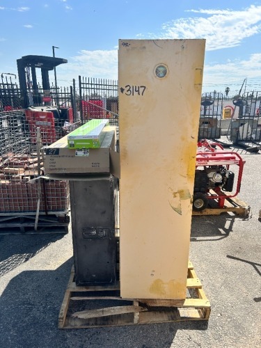 JUSTRITE CHEMICAL CABINET, METAL STORAGE BOX, BOX OF 4' LED SHOP LIGHTS --(LOCATED IN COLTON, CA)--