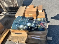 PALLET OF ASST. SANDING DISCS AND BELTS, SANDING FLOOR SCRAPER REPLACEMENT BLADES --(LOCATED IN COLTON, CA)--