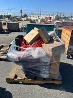 PALLET OF ROLLS OF PROTECTIVE PAPER, ASST. ROLLS OF PLASTIC, STAINLESS STEEL CONDIMENT PUMPS, AIR COMPRESSOR HOSE, CORDLESS LEAF BLOWER, APPROX. (2) SPOOLS OF CABLE --(LOCATED IN COLTON, CA)--