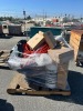 PALLET OF ROLLS OF PROTECTIVE PAPER, ASST. ROLLS OF PLASTIC, STAINLESS STEEL CONDIMENT PUMPS, AIR COMPRESSOR HOSE, CORDLESS LEAF BLOWER, APPROX. (2) SPOOLS OF CABLE --(LOCATED IN COLTON, CA)--