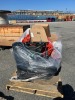 PALLET OF ROLLS OF PROTECTIVE PAPER, ASST. ROLLS OF PLASTIC, STAINLESS STEEL CONDIMENT PUMPS, AIR COMPRESSOR HOSE, CORDLESS LEAF BLOWER, APPROX. (2) SPOOLS OF CABLE --(LOCATED IN COLTON, CA)-- - 8